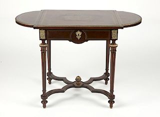 Louis XVI-style brass-inlaid drop-leaf side table