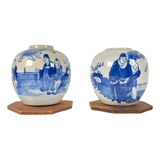 Pr Antique Chinese Qing Blue & White Ginger Jars