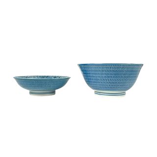 2 Japanese Nabeshima Blue & White Footed Bowls