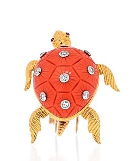 18K CORAL TURTLE WITH DIAMONDS ON THE SHELL BROOCH