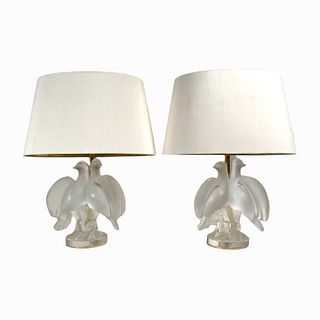 Pair of Lalique Double Dove Lamps