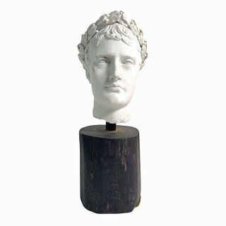 A Roman Marble Head Sculpture On Wooden Plinth