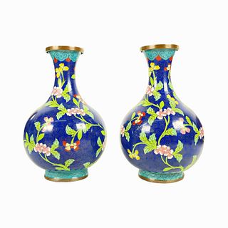 Pr Vintage Chinese Blue Cloisonne Enameled Vases