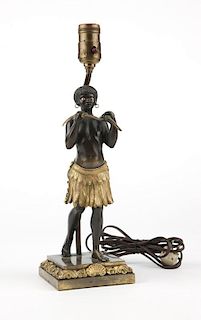 Continental patinated and gilt-bronze Nubian lamp