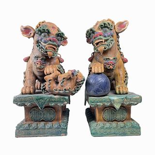 Pair Of Chinese Sancai Pottery Temple Foo Lions
