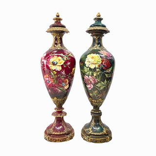 Pr. Antique Continental Hand Painted Large Vases