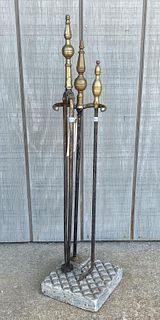 Two Antique American Brass Fire Tools & Stand
