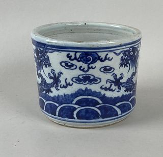 Chinese B/W Porcelain Brush Pot, Dragon Motif