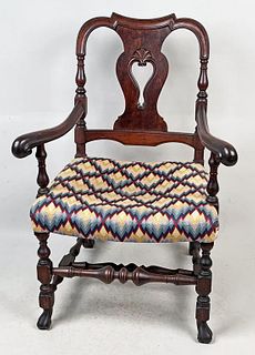 Queen Anne Style Carved Maple Ram Horn Arm Chair
