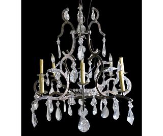 WROUGHT IRON AND CRYSTAL CHANDELIER