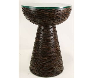 ROUND WOODEN ACCENT TABLE WITH GLASS TOP