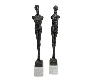 PAIR OF BRONZE PATINA STATUES ON MARBLE BASES