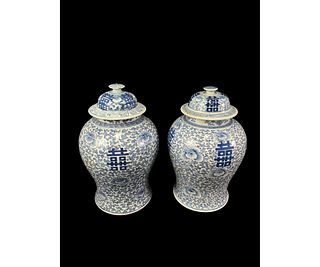 PAIR OF ANTIQUE CHINESE BLUE + WHITE TEMPLE JARS