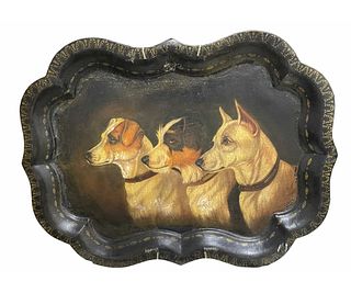 ANTIQUE BUTLERS TRAY WITH THREE DOGS