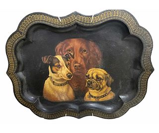 ANTIQUE BUTLERS TRAY WITH THREE DOGS