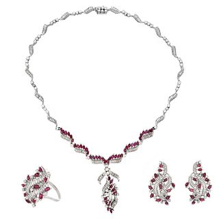 Diamond, Ruby and Platinum Jewelry Suite