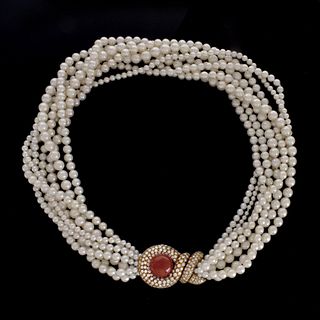 Pearl, Coral, Diamond and 18K Necklace