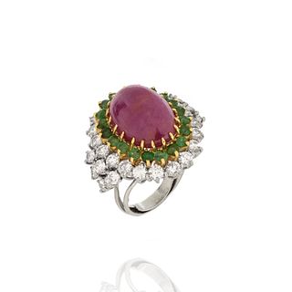 Ruby, Diamond, Emerald and 18K Ring