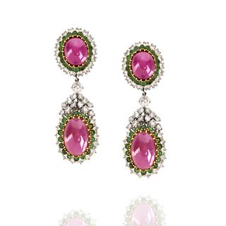 Ruby, Diamond, Emerald and 18K Earrings