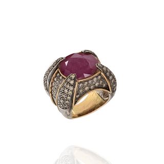 Ruby, Diamond, 14K and Silver Ring