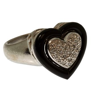 18k White Gold, Onyx and Diamond Heart Ring
