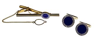 18k Yellow Gold, Enamel and White Tourmaline Cufflink and Tie Clip Set