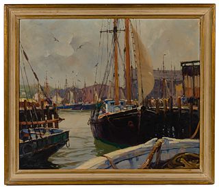Gordon Hope Grant (American, 1875-1962) 'Gloucester Docks' Oil on Masonite
