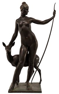 Edward Francis McCartan (American, 1879-1947) 'Diana with Deer' Patinated Bronze Sculpture