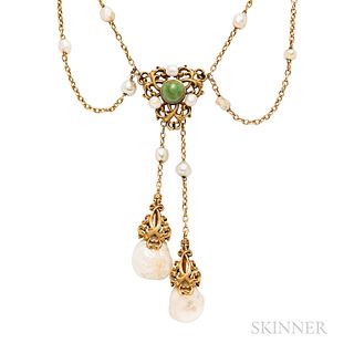 Art Nouveau Gold and Baroque Freshwater Pearl Necklace