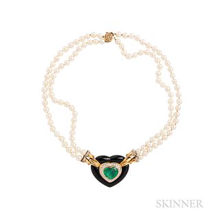 18kt Gold, Cultured Pearl, Emerald, and Onyx Necklace