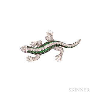 18kt White Gold, Diamond, and Tsavorite Garnet Salamander Brooch