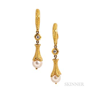 18kt Gold, Cultured Pearl, and Diamond Earrings