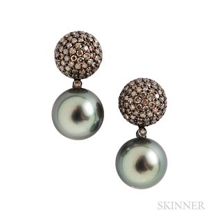 18kt Gold, Colored Diamond, and Tahitian Pearl Earrings