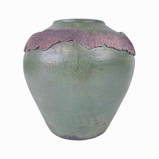 Vintage Signed Raku Pottery Green Glazed Vase