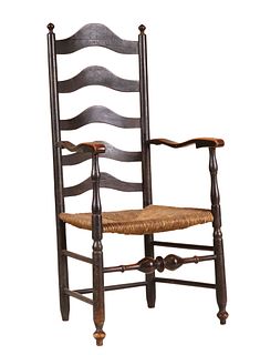 Black Painted Maple Rush-Seat Ladderback Armchair