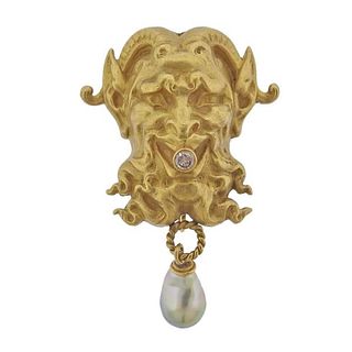 18k Gold Diamond Pearl Devil Pendant Brooch