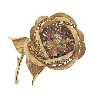 1960s Gold Diamond Ruby Sapphire Emerald Rose Flower Brooch