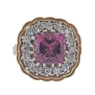 1960s 14k Gold Pink Tourmaline Diamond Ring