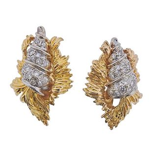 1970s 14k Gold Diamond Shell Motif Earrings
