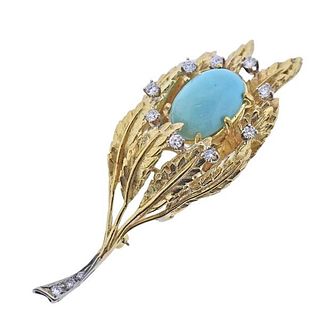 1960s 18k Gold Turquoise Diamond Brooch Pin