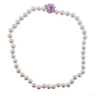 Mikimoto 18k Gold Diamond Pearl Enamel Necklace