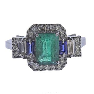 Silver 2.00ct Emerald Diamond Sapphire Ring