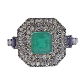 1.75ct Emerald Silver Diamond Sapphire Ring