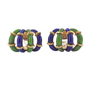 Tiffany &amp; Co Schlumberger Blue Green Enamel Gold Earrings