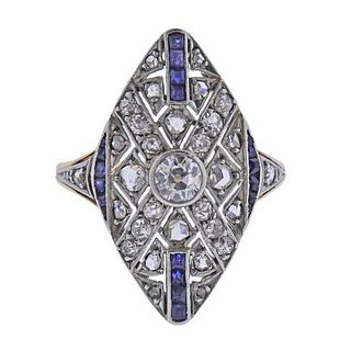Art Deco Gold Platinum Diamond Sapphire Ring