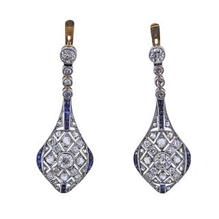 Art Deco Gold Platinum Sapphire Diamond Drop Earrings