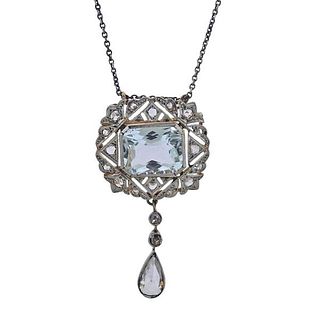 Art Deco Platinum Gold Aquamarine Diamond Brooch Pendant Necklace