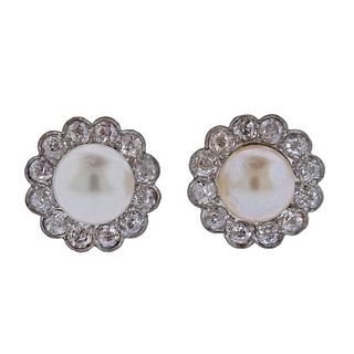 18k Gold Platinum Diamond Pearl Earrings