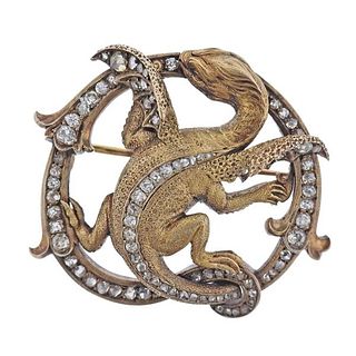 Antique 18k Gold Diamond Dragon Brooch Pin