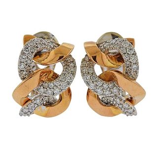 Italian 18k Gold Diamond Modern Link Hoop Earrings